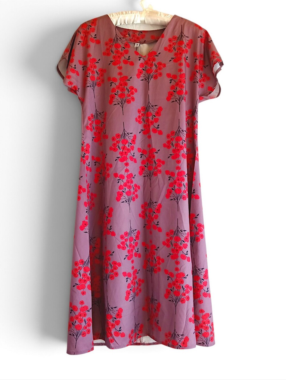 MISSLOOK Mauve Midi Dress Red Blossom Floral Branch Print Shoet Sleeve Boho Fall